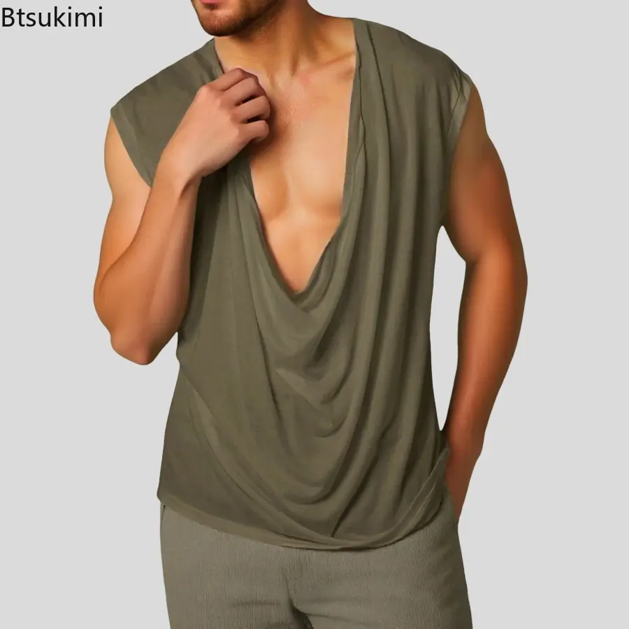 Summer New Men Tank Tops Solid Color Dangling Neck Sleeveless Fashion Casual  Male Vests 2025 Streetwear Leisure Men Clothing