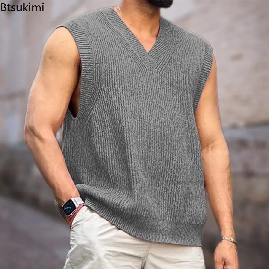 Fashion Street Style Knitted Sweaters Vest Summer Men's Sleeveless V-neck Solid Loose Casual Pullovers Tops Knit Tank Tops Male