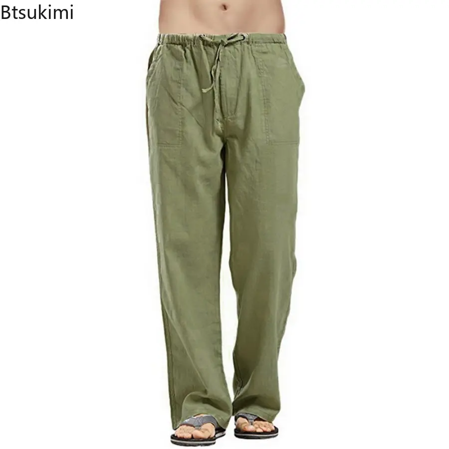 Plus Size Men's Cotton Linen Pants Summer Solid Loose Casual Breathable Trouser Man Drawstring Elastic Waist Sport Fitness Pants