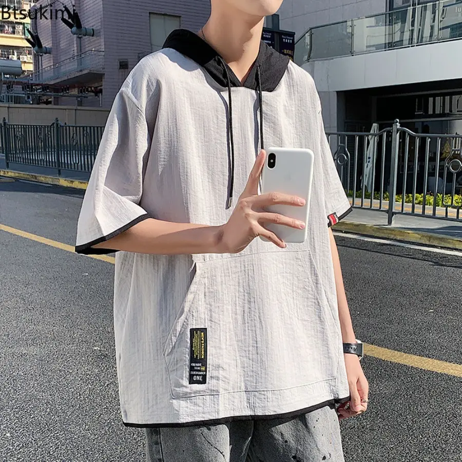 Men's Short Sleeve Short Sleeved Sweatshirt Summer Casual Loose Youth T-shirt Cotton and Linen Fabric Regular Sleeve Shirt Male