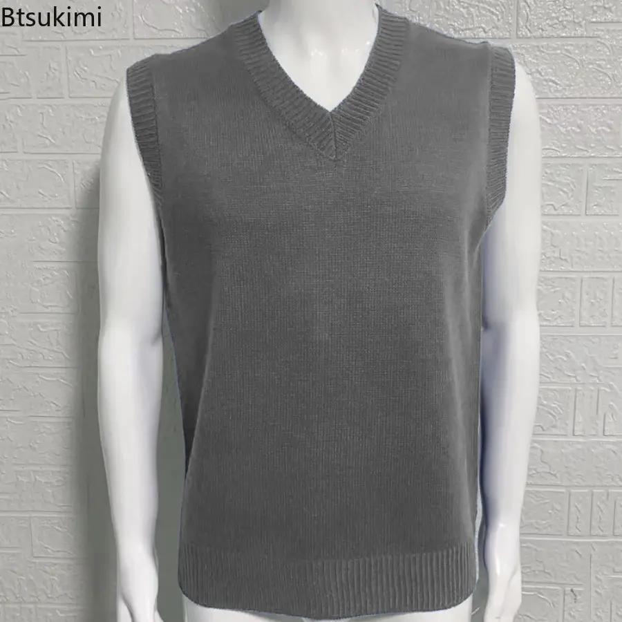 Fashion Street Style Knitted Sweaters Vest Summer Men's Sleeveless V-neck Solid Loose Casual Pullovers Tops Knit Tank Tops Male