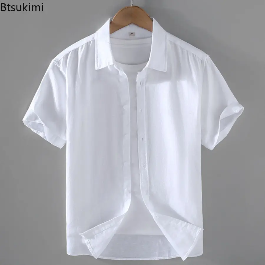 New 2025 Cotton Linen Men's Summer Short-Sleeved Shirts Streetwear Plain Color Stand Collar Casual Beach Style Shirts for Men
