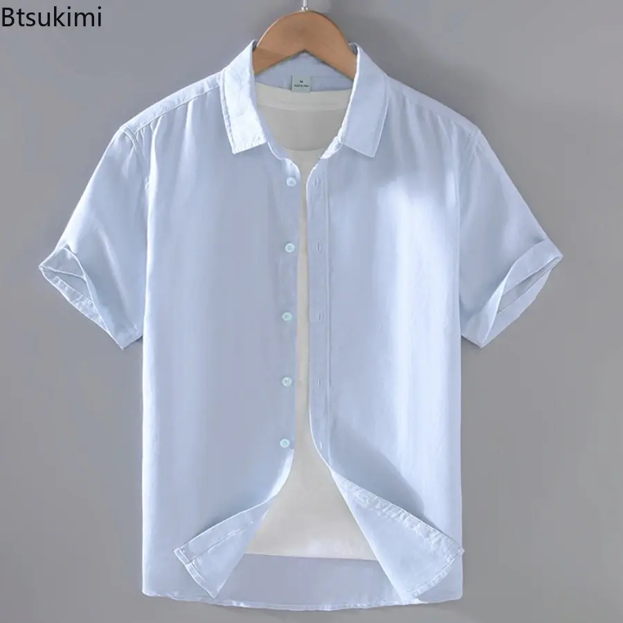 New 2025 Cotton Linen Men's Summer Short-Sleeved Shirts Streetwear Plain Color Stand Collar Casual Beach Style Shirts for Men
