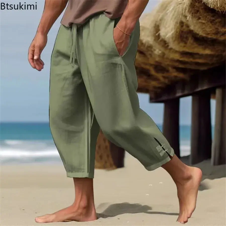 2025 Men's Summer Cotton Linen Holiday Beach Pants Fashion Cropped Solid Loose Casual Trousers Men Ankle Length Pants Streetwear