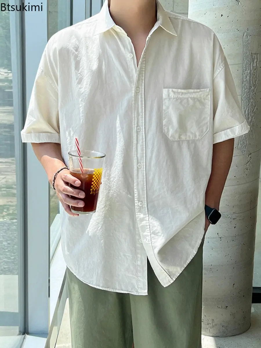 Men's Simple Solid Color Short Sleeved Shirt Summer Loose Casual Shirts Korean Version Trendy Versatile Lapel Half Sleeved Tops