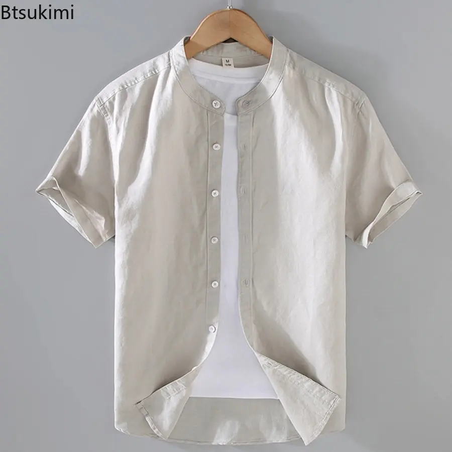 New 2025 Cotton Linen Men's Summer Short-Sleeved Shirts Streetwear Plain Color Stand Collar Casual Beach Style Shirts for Men