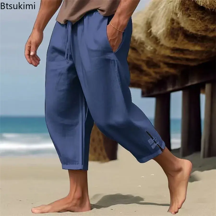 2025 Men's Summer Cotton Linen Holiday Beach Pants Fashion Cropped Solid Loose Casual Trousers Men Ankle Length Pants Streetwear