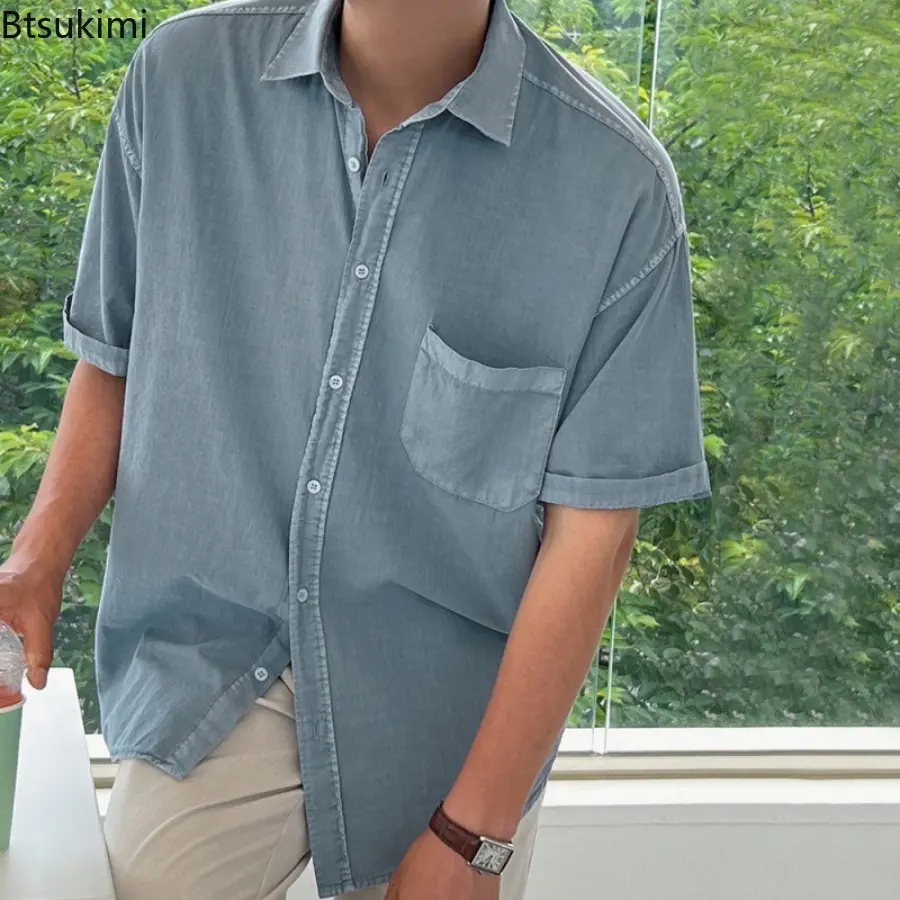 Men's Simple Solid Color Short Sleeved Shirt Summer Loose Casual Shirts Korean Version Trendy Versatile Lapel Half Sleeved Tops