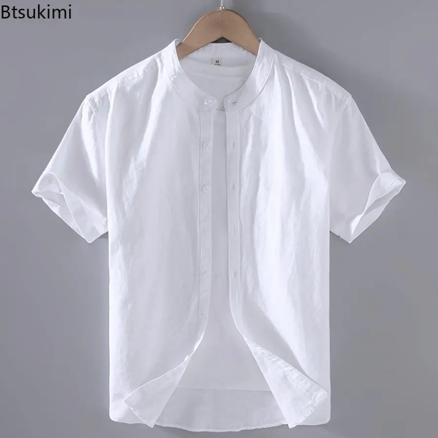 New 2025 Cotton Linen Men's Summer Short-Sleeved Shirts Streetwear Plain Color Stand Collar Casual Beach Style Shirts for Men