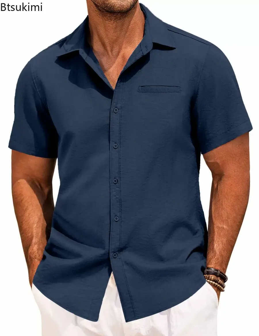 2025 New Men's Summer Shirts Button Short-sleeved Lapel  Office Casual Solid Color Tops Fashion Simple Invisible Pocket Blouses