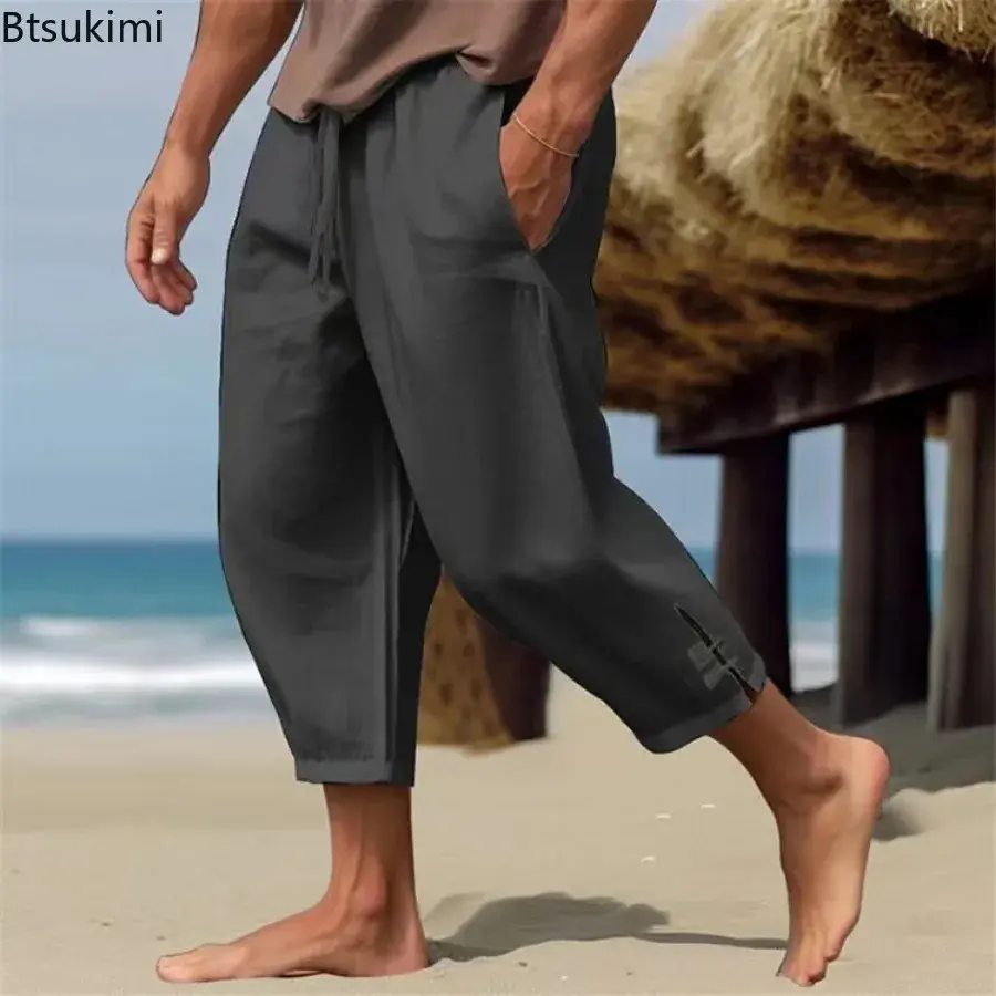 2025 Men's Summer Cotton Linen Holiday Beach Pants Fashion Cropped Solid Loose Casual Trousers Men Ankle Length Pants Streetwear