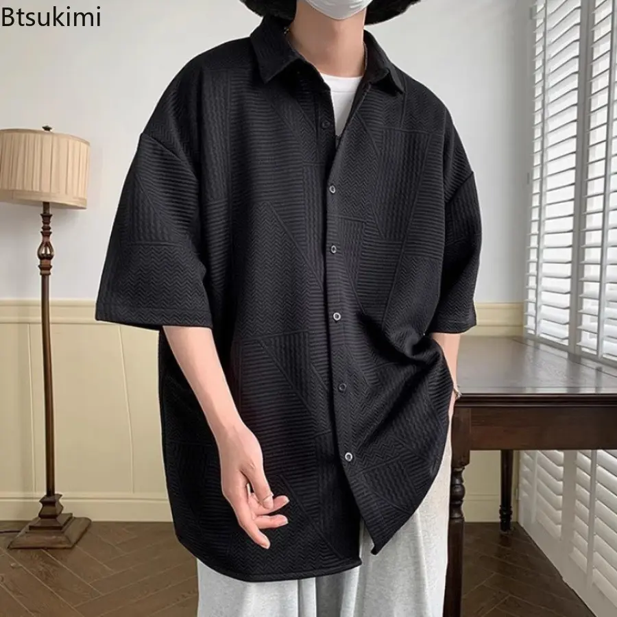 2025 Summer Short-sleeved Hong Kong Style Lapel Shirt Men's Leisure Jacket Trendy Loose New Versatile Jacquard Shirt Male Coat