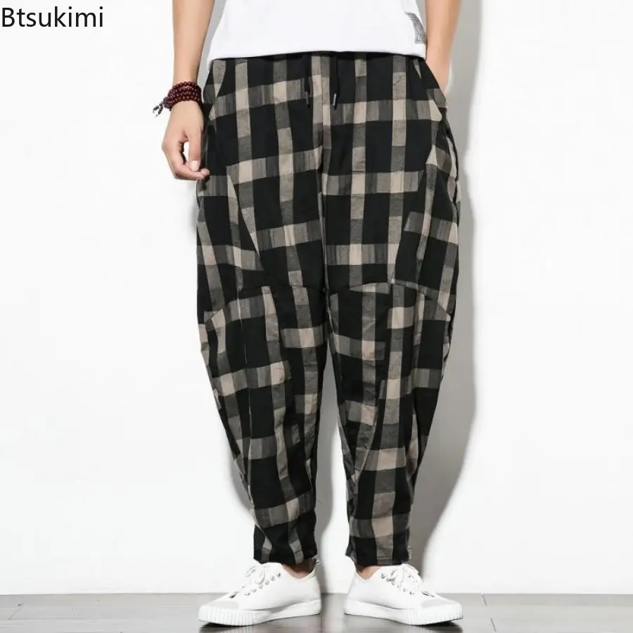 2025 Autumn New Men's Cotton Plaid Pants Casual Retro Fashion Trousers Plus Size Loose Wide Leg Trousers Man Joggers Streetwear