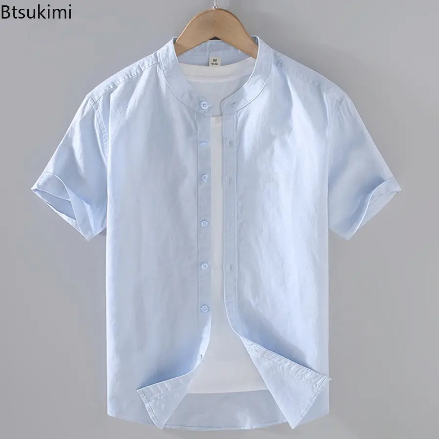 New 2025 Cotton Linen Men's Summer Short-Sleeved Shirts Streetwear Plain Color Stand Collar Casual Beach Style Shirts for Men