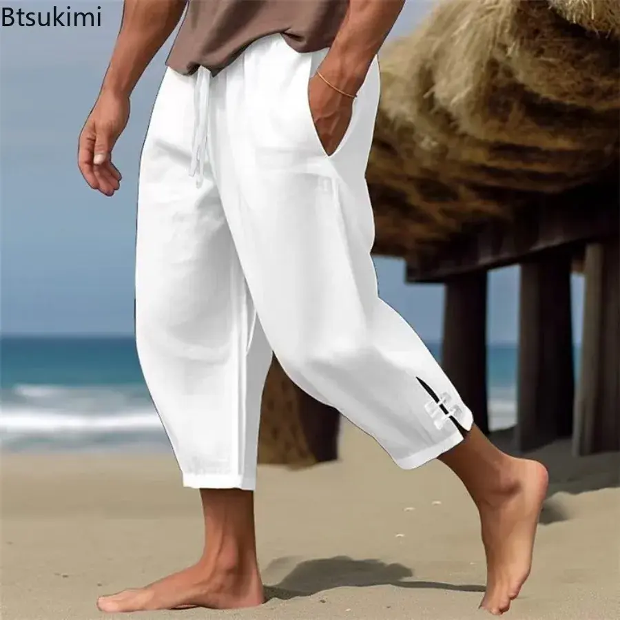 2025 Men's Summer Cotton Linen Holiday Beach Pants Fashion Cropped Solid Loose Casual Trousers Men Ankle Length Pants Streetwear