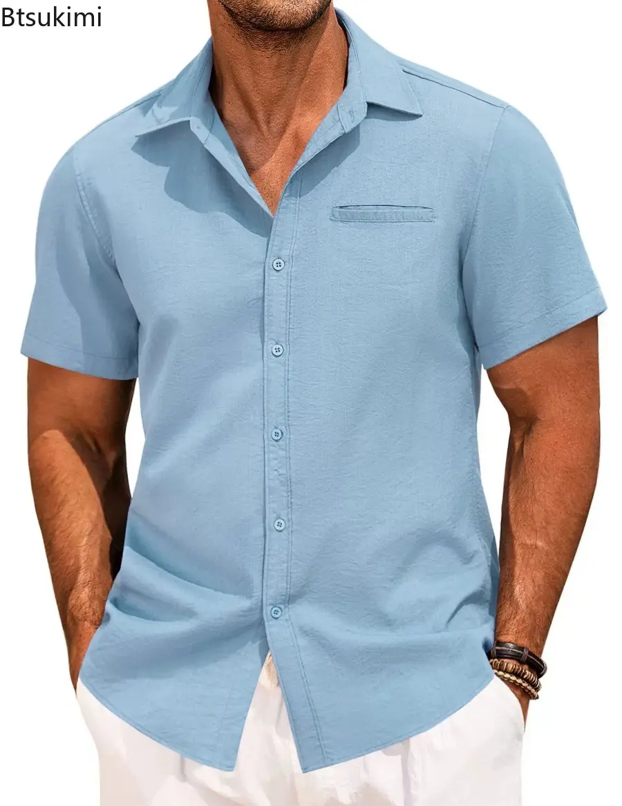 2025 New Men's Summer Shirts Button Short-sleeved Lapel  Office Casual Solid Color Tops Fashion Simple Invisible Pocket Blouses