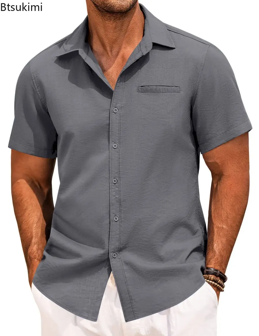 2025 New Men's Summer Shirts Button Short-sleeved Lapel  Office Casual Solid Color Tops Fashion Simple Invisible Pocket Blouses