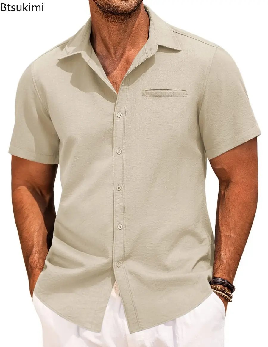 2025 New Men's Summer Shirts Button Short-sleeved Lapel  Office Casual Solid Color Tops Fashion Simple Invisible Pocket Blouses