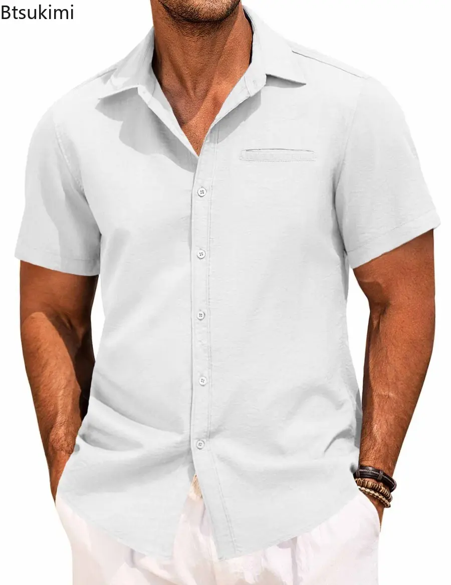 2025 New Men's Summer Shirts Button Short-sleeved Lapel  Office Casual Solid Color Tops Fashion Simple Invisible Pocket Blouses
