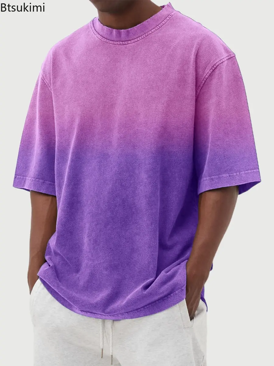 Summer New Men's Washed Cotton Short Sleeve T-shirt Fashion Gradient Color Loose Casual O-neck Tops Streetwear Men Versatile Tee