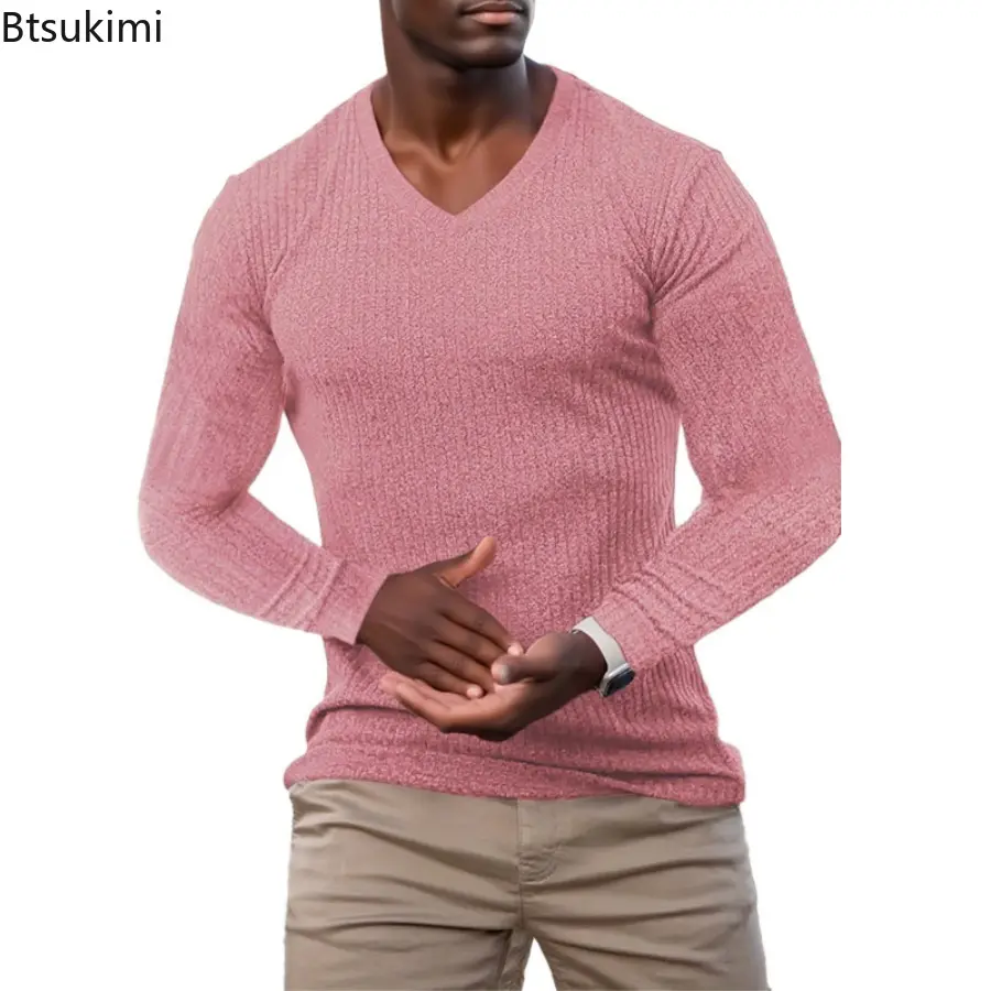 2025 Mens Spring Autumn Fashion Knitted Sports Long Sleeved T-shirt Slim Fit Round Neck Running Gym Training Bodybuilding Tees