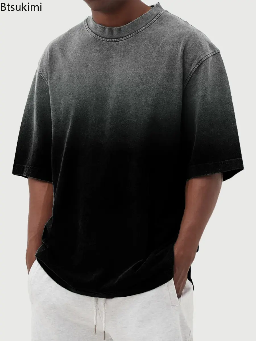 Summer New Men's Washed Cotton Short Sleeve T-shirt Fashion Gradient Color Loose Casual O-neck Tops Streetwear Men Versatile Tee