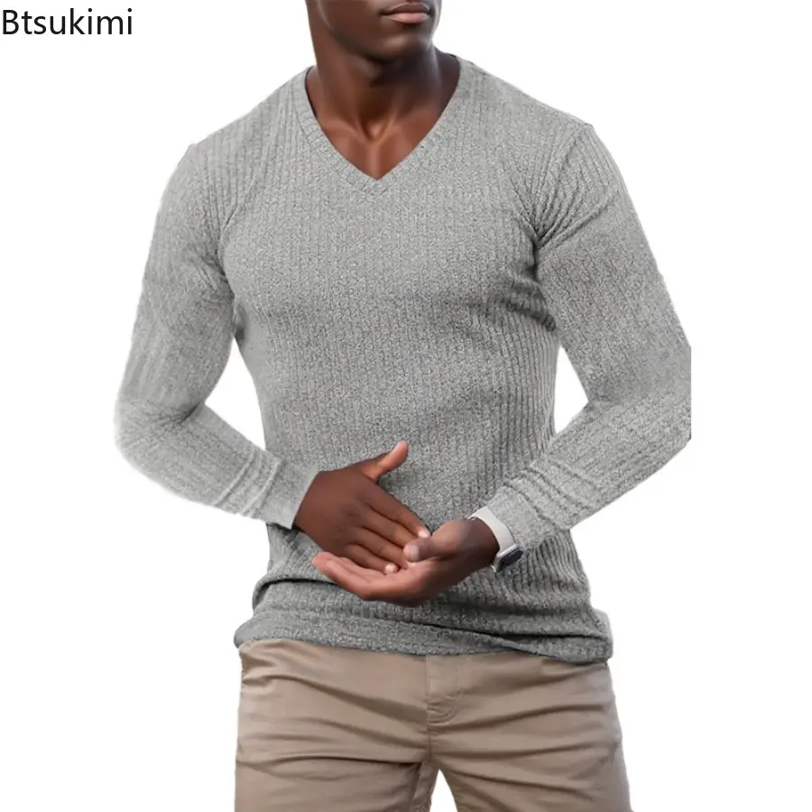 2025 Mens Spring Autumn Fashion Knitted Sports Long Sleeved T-shirt Slim Fit Round Neck Running Gym Training Bodybuilding Tees