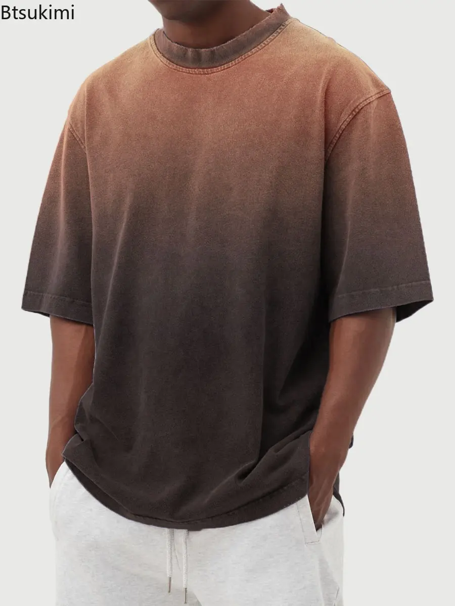 Summer New Men's Washed Cotton Short Sleeve T-shirt Fashion Gradient Color Loose Casual O-neck Tops Streetwear Men Versatile Tee