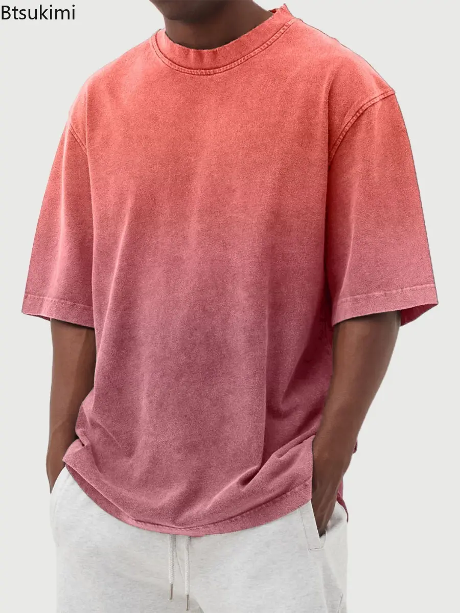Summer New Men's Washed Cotton Short Sleeve T-shirt Fashion Gradient Color Loose Casual O-neck Tops Streetwear Men Versatile Tee