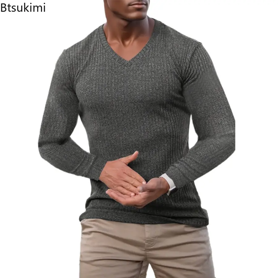 2025 Mens Spring Autumn Fashion Knitted Sports Long Sleeved T-shirt Slim Fit Round Neck Running Gym Training Bodybuilding Tees
