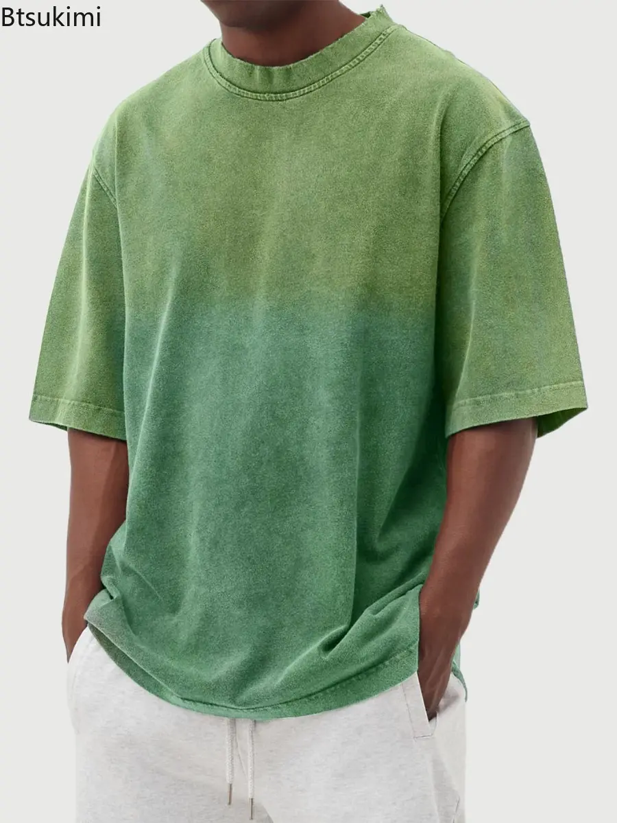 Summer New Men's Washed Cotton Short Sleeve T-shirt Fashion Gradient Color Loose Casual O-neck Tops Streetwear Men Versatile Tee