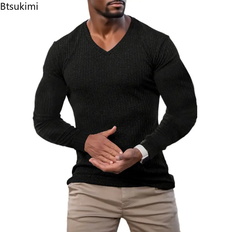 2025 Mens Spring Autumn Fashion Knitted Sports Long Sleeved T-shirt Slim Fit Round Neck Running Gym Training Bodybuilding Tees