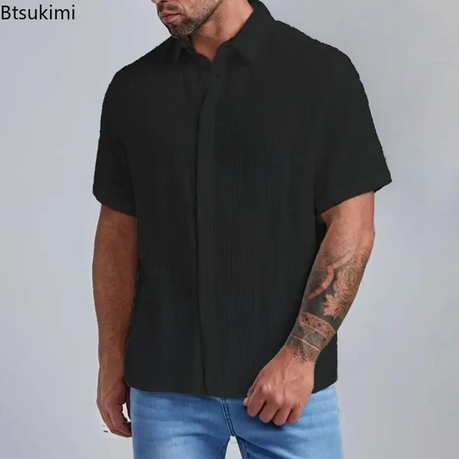 New Men's Pure Cotton Short-sleeved Shirts Summer Fashion Lapel Single-breasted Casual All-match Tops Male Holiday Beach Blouses