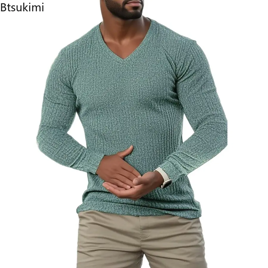 2025 Mens Spring Autumn Fashion Knitted Sports Long Sleeved T-shirt Slim Fit Round Neck Running Gym Training Bodybuilding Tees