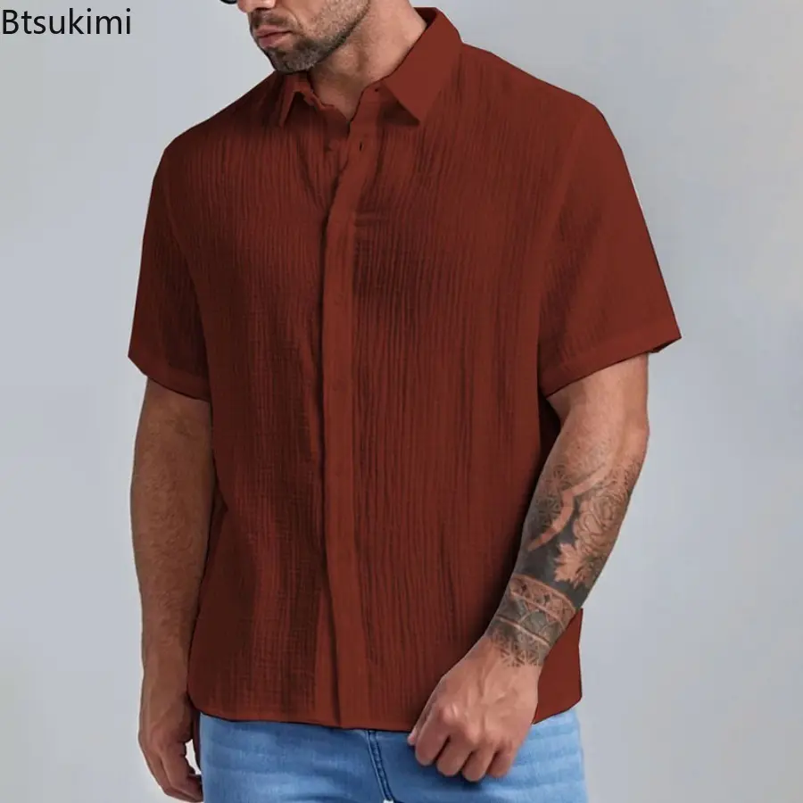 New Men's Pure Cotton Short-sleeved Shirts Summer Fashion Lapel Single-breasted Casual All-match Tops Male Holiday Beach Blouses