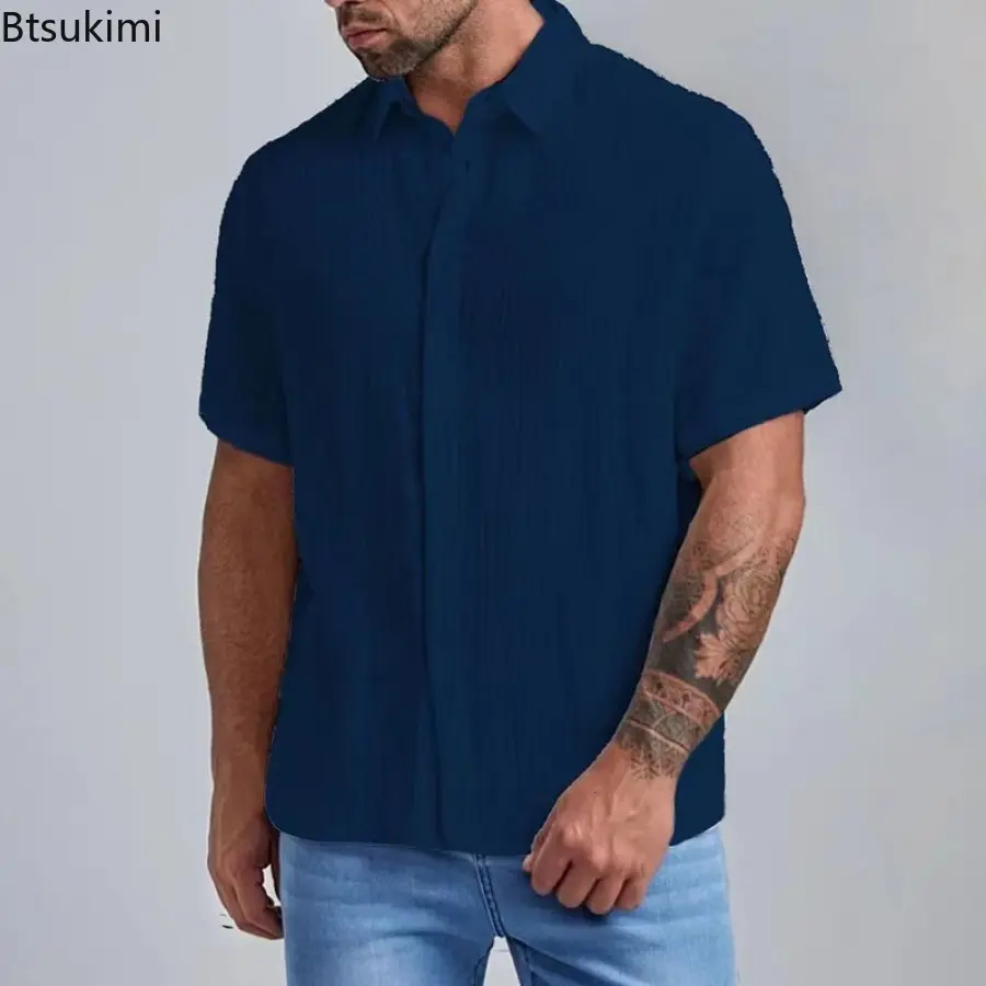 New Men's Pure Cotton Short-sleeved Shirts Summer Fashion Lapel Single-breasted Casual All-match Tops Male Holiday Beach Blouses