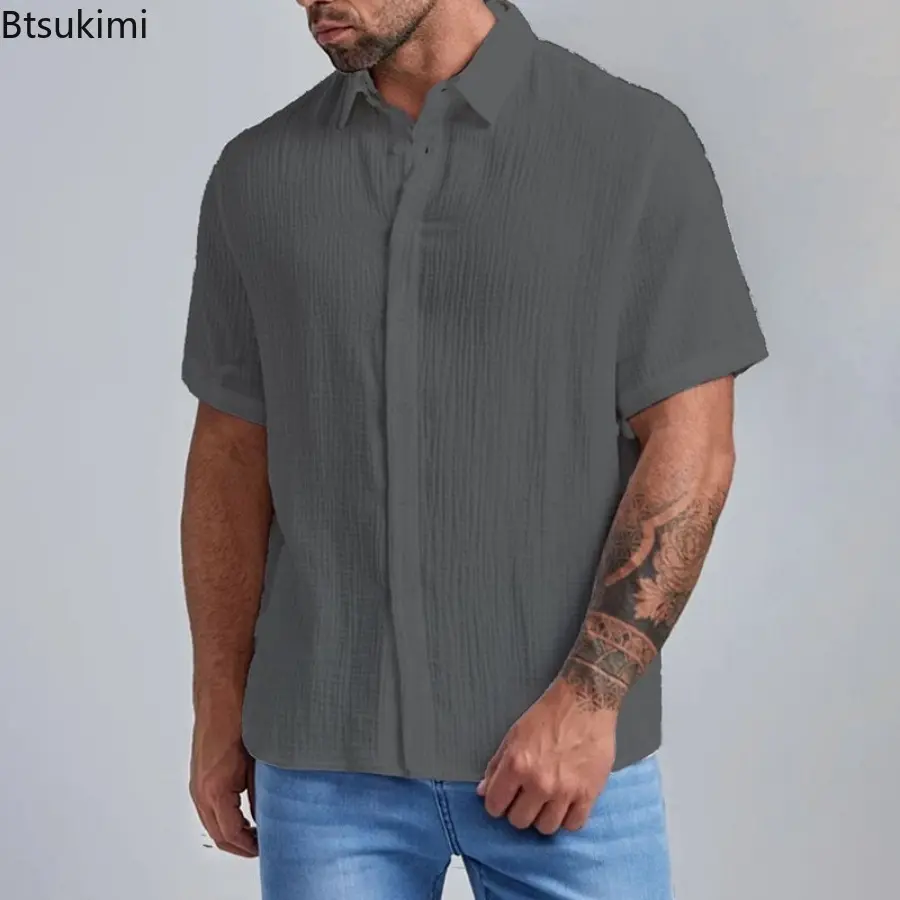 New Men's Pure Cotton Short-sleeved Shirts Summer Fashion Lapel Single-breasted Casual All-match Tops Male Holiday Beach Blouses