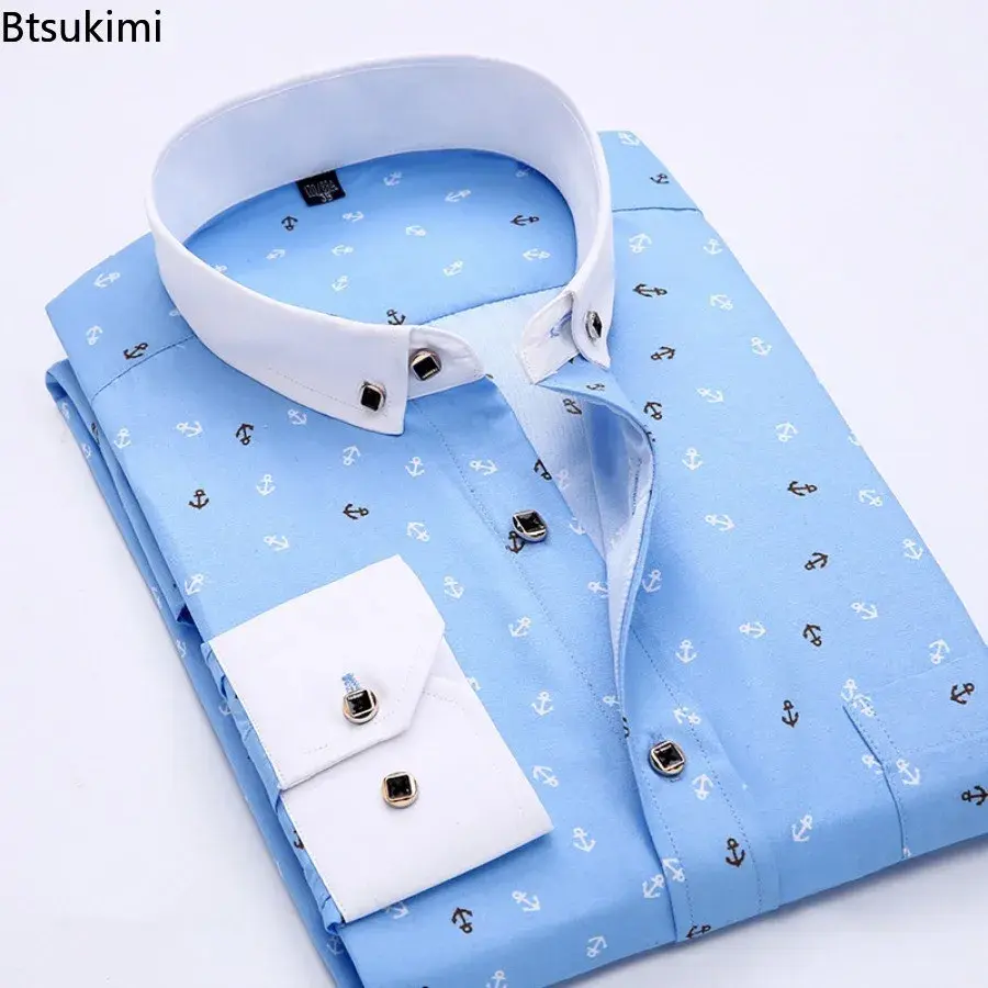 2025 Korean Style Slim Print Shirt for Men Fashion Business Casual Versatile Long-sleeved Shirt Men Comfortable Hawaiian Blouses