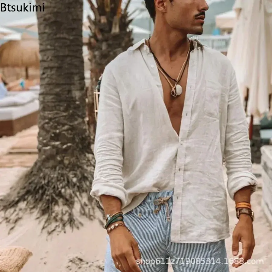 Spring New Men's Casual Cotton Linen Shirts 2025 Fashion Stand Collar Loose Solid Long Sleeve Cardigan Tops Men's Beach Blouses
