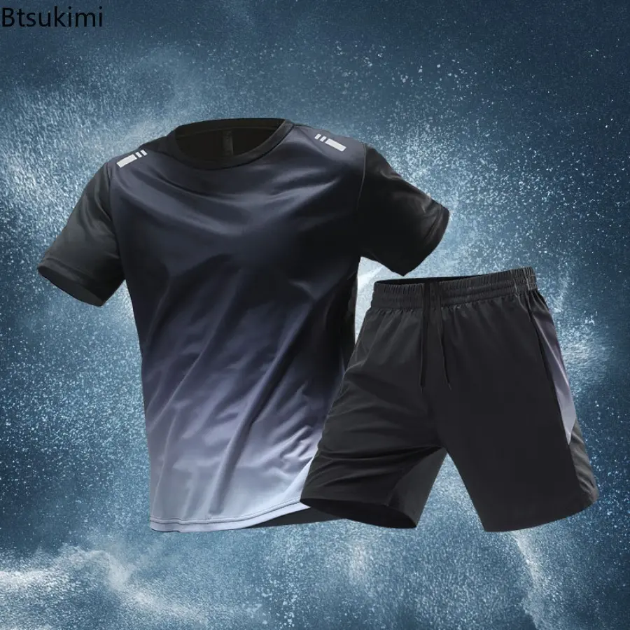 Men's Quick Drying Exercise Suit Fitness Summer Ice Silk Short Sleeve and Shorts Two-piece Set Casual Loose Running Suit for Men