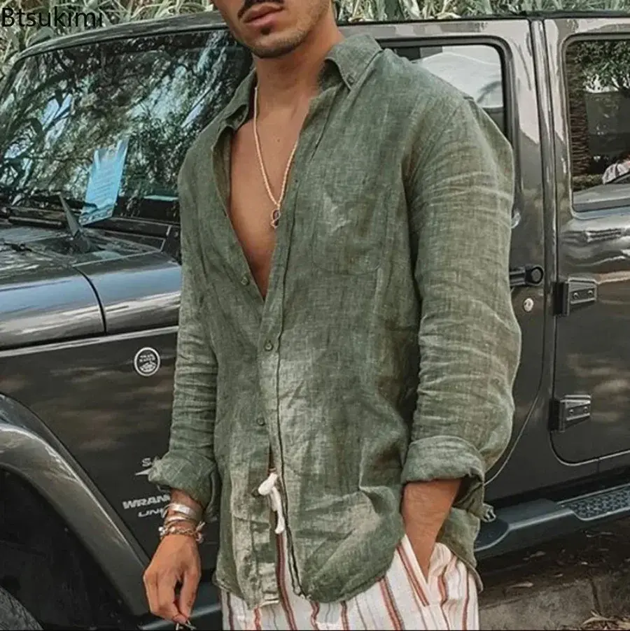 Spring New Men's Casual Cotton Linen Shirts 2025 Fashion Stand Collar Loose Solid Long Sleeve Cardigan Tops Men's Beach Blouses