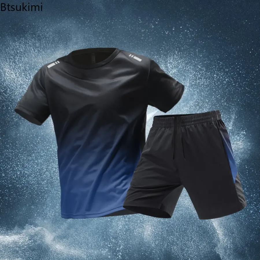Men's Quick Drying Exercise Suit Fitness Summer Ice Silk Short Sleeve and Shorts Two-piece Set Casual Loose Running Suit for Men
