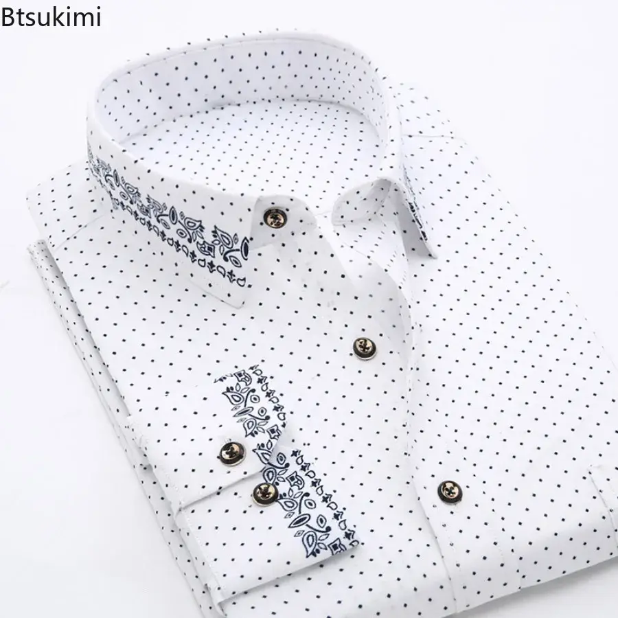 2025 Korean Style Slim Print Shirt for Men Fashion Business Casual Versatile Long-sleeved Shirt Men Comfortable Hawaiian Blouses