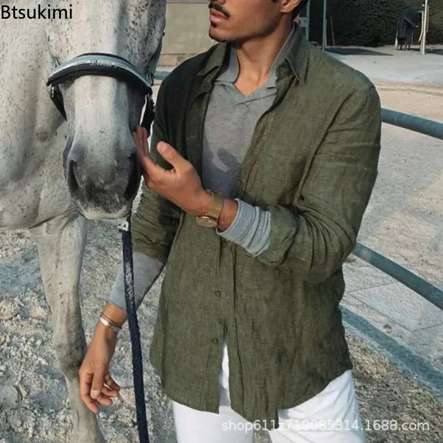 Spring New Men's Casual Cotton Linen Shirts 2025 Fashion Stand Collar Loose Solid Long Sleeve Cardigan Tops Men's Beach Blouses