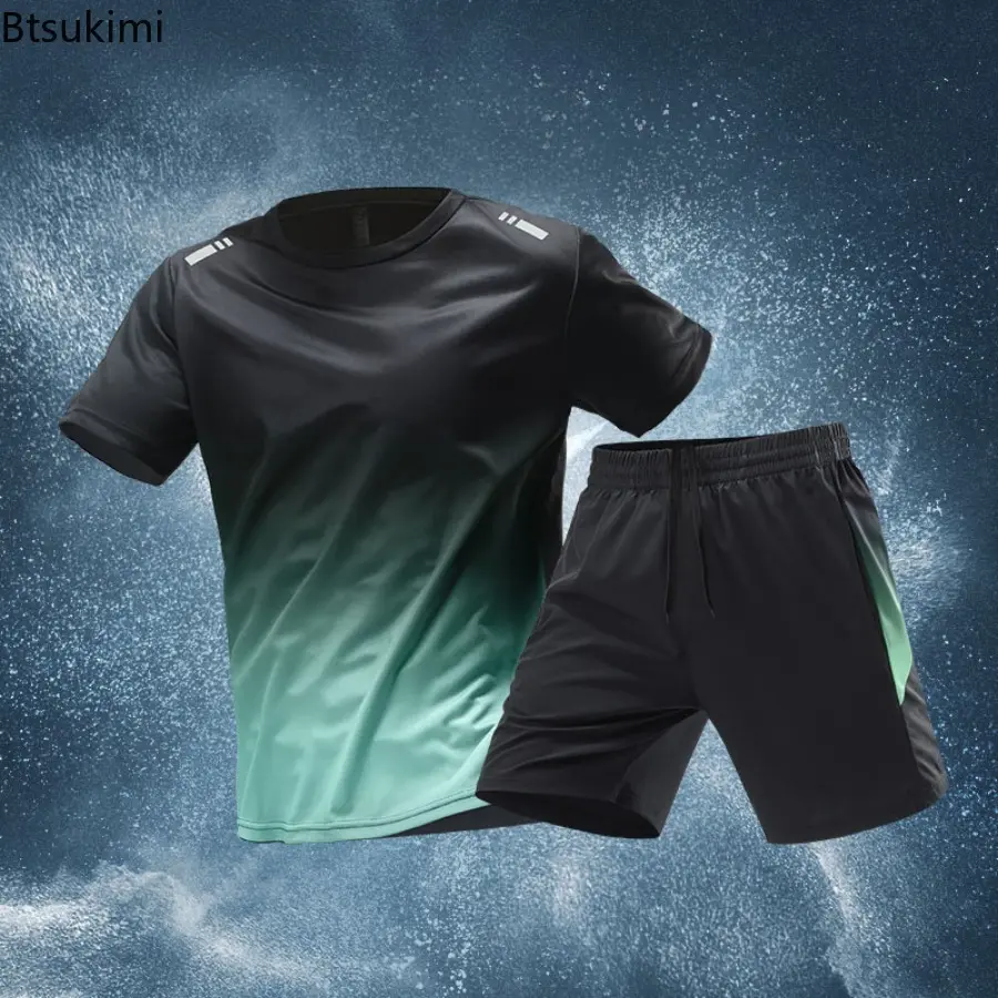 Men's Quick Drying Exercise Suit Fitness Summer Ice Silk Short Sleeve and Shorts Two-piece Set Casual Loose Running Suit for Men