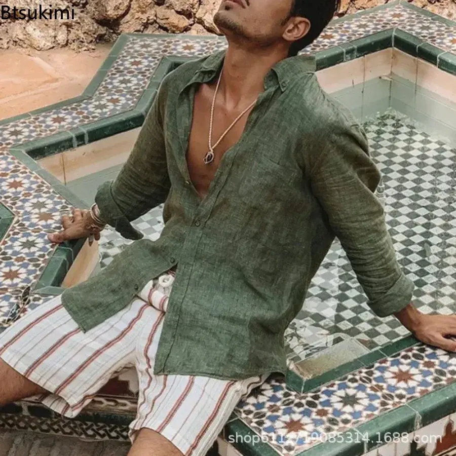 Spring New Men's Casual Cotton Linen Shirts 2025 Fashion Stand Collar Loose Solid Long Sleeve Cardigan Tops Men's Beach Blouses