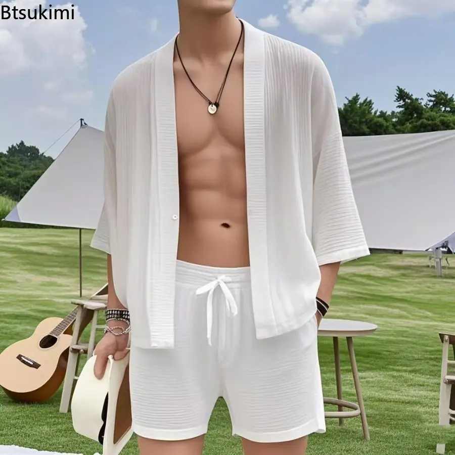 New Men's Summer Casual Loose Sets Solid Color Cardigan Elastic Waist Shorts Two-Piece Sets Fashion Men Leisure Vacation Outfits