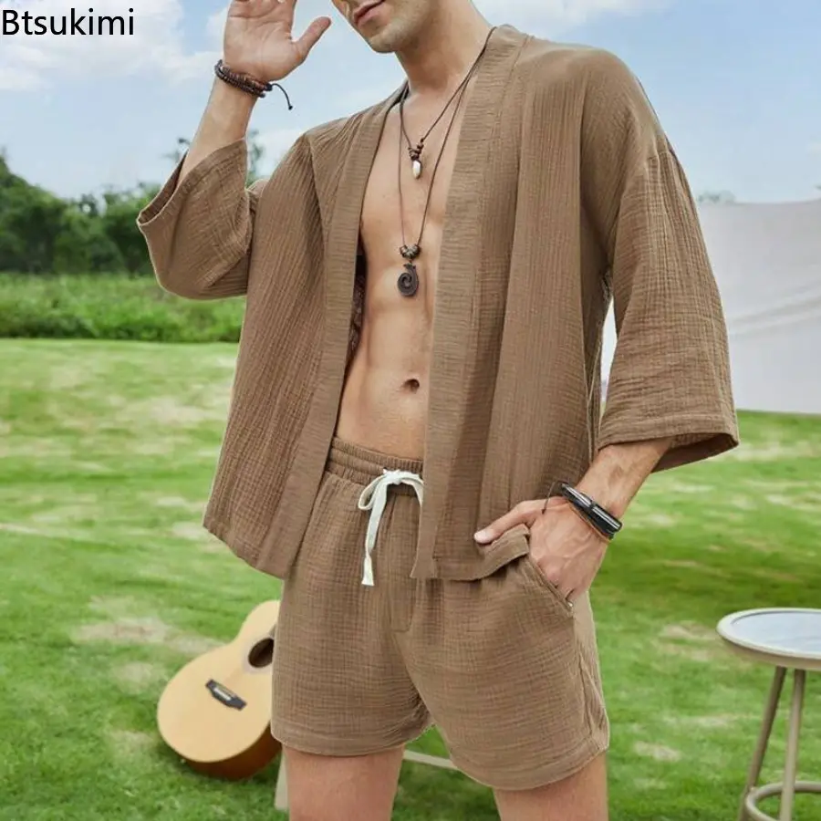 New Men's Summer Casual Loose Sets Solid Color Cardigan Elastic Waist Shorts Two-Piece Sets Fashion Men Leisure Vacation Outfits
