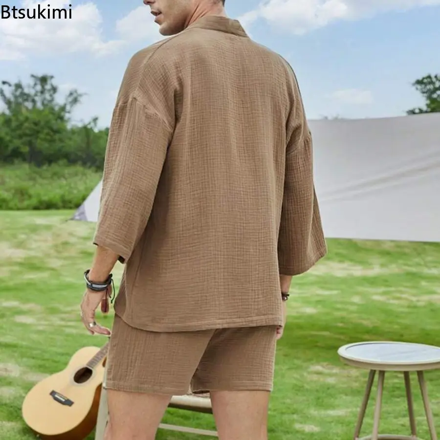 New Men's Summer Casual Loose Sets Solid Color Cardigan Elastic Waist Shorts Two-Piece Sets Fashion Men Leisure Vacation Outfits