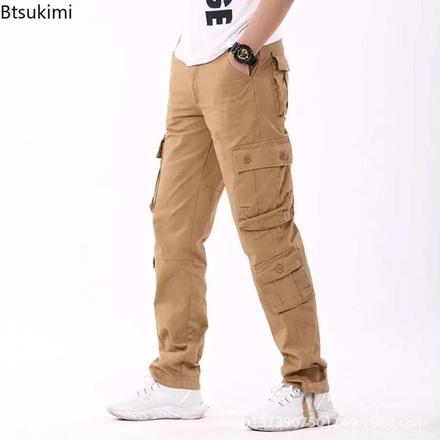 2025 Spring Autumn 100% Cotton Cargo Pants for Men Fashion Solid Multi Pocket Loose Overalls Pants Male Outdoor Casual Trousers